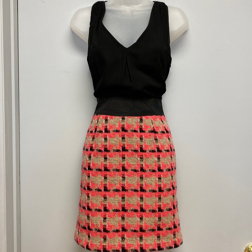 Nell Couture Anthropologie Pink/Black Plaid Tweed Black Crepe Mixed Media Dress